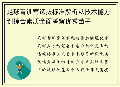 足球青训营选拔标准解析从技术能力到综合素质全面考察优秀苗子